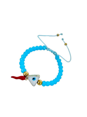 Pulsera con Ojo Turco Triangular Cachito de Coral y Balines dorados good luck