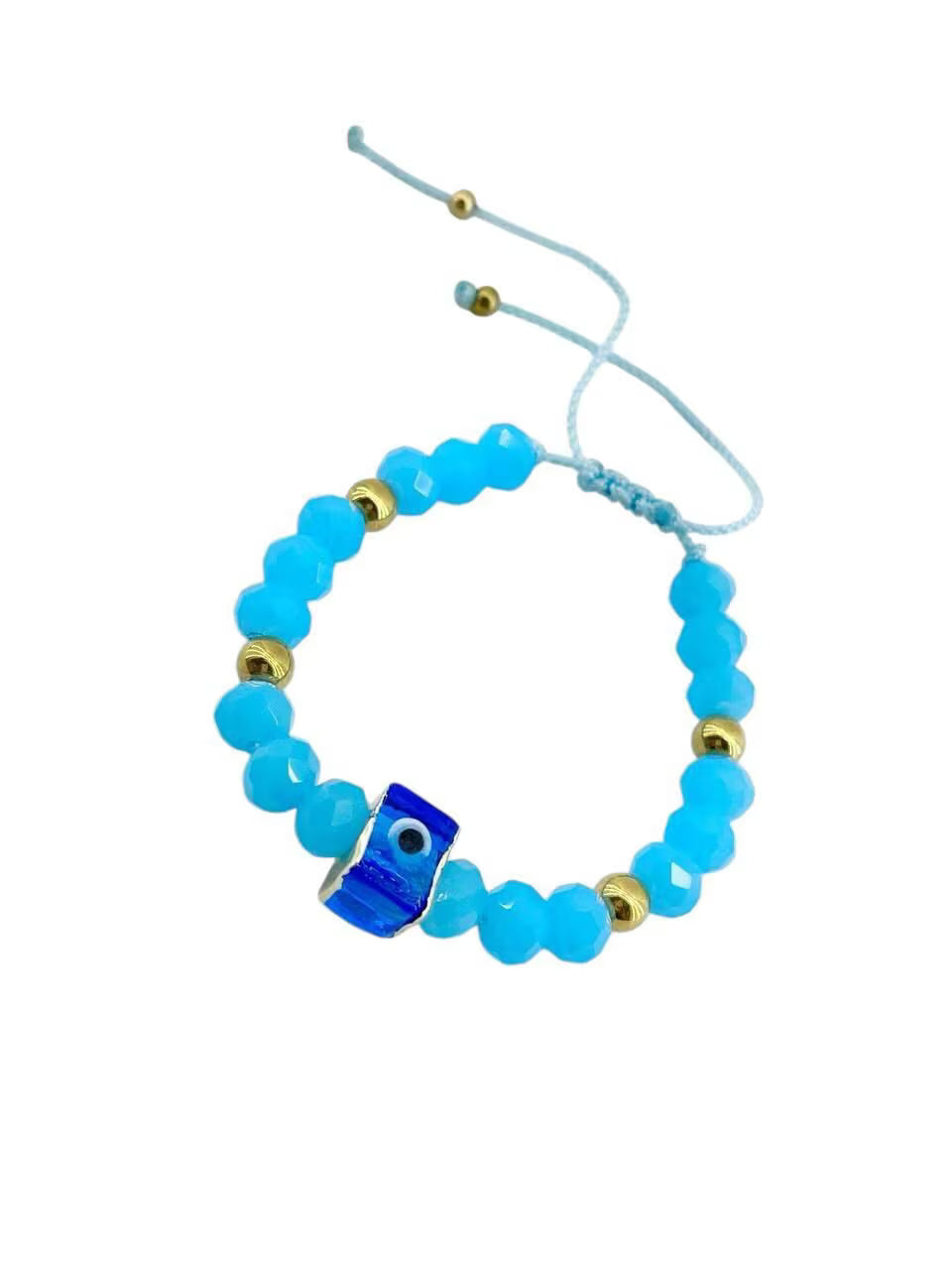 Pulsera con ojo turco Cuadrado cristales celestes y balines dorados good luck
